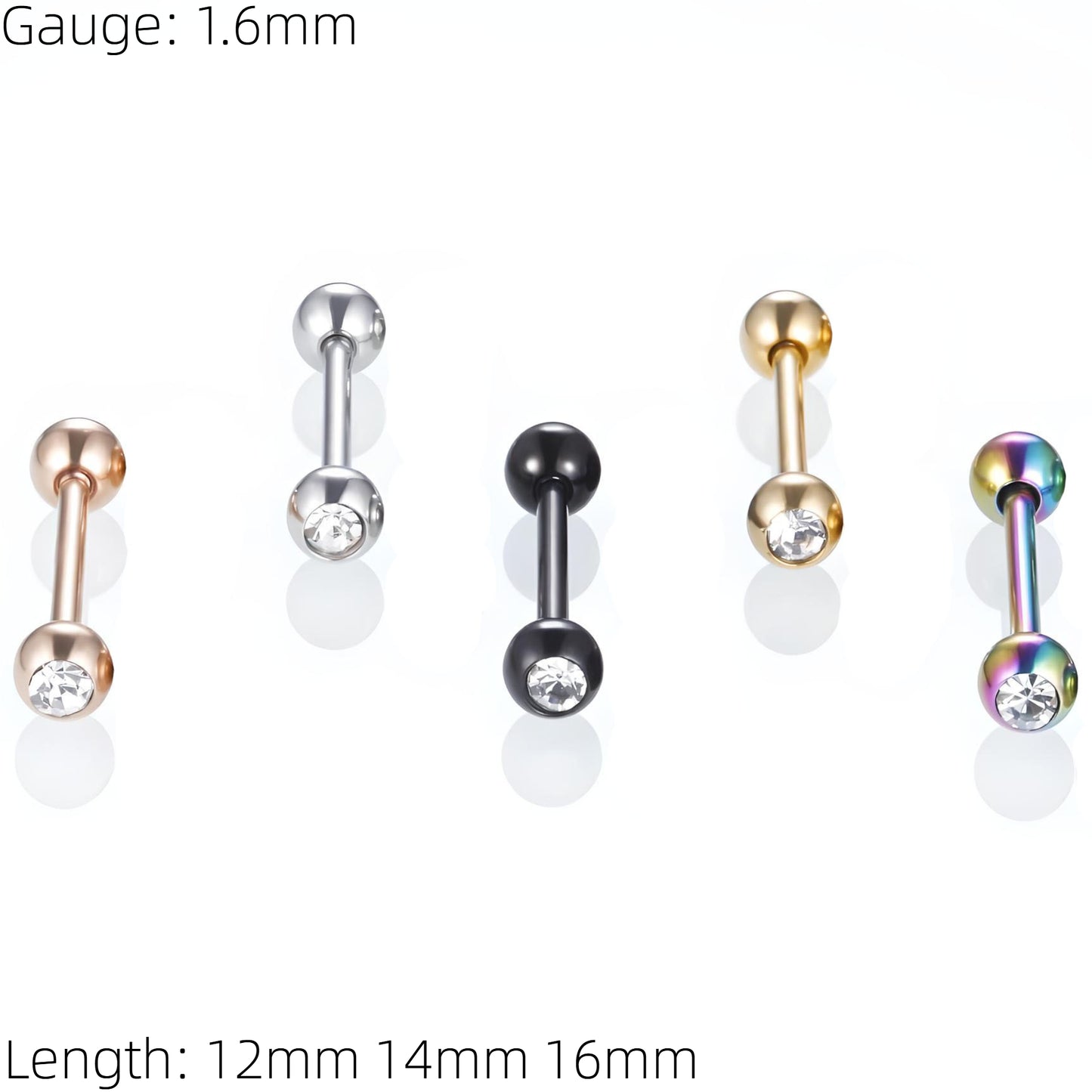 Bezel Gem Tongue Bars Bar Gem Surgical Steel Barbell Piercing Ear Eyebrow Nipple 1.6mm Gauge