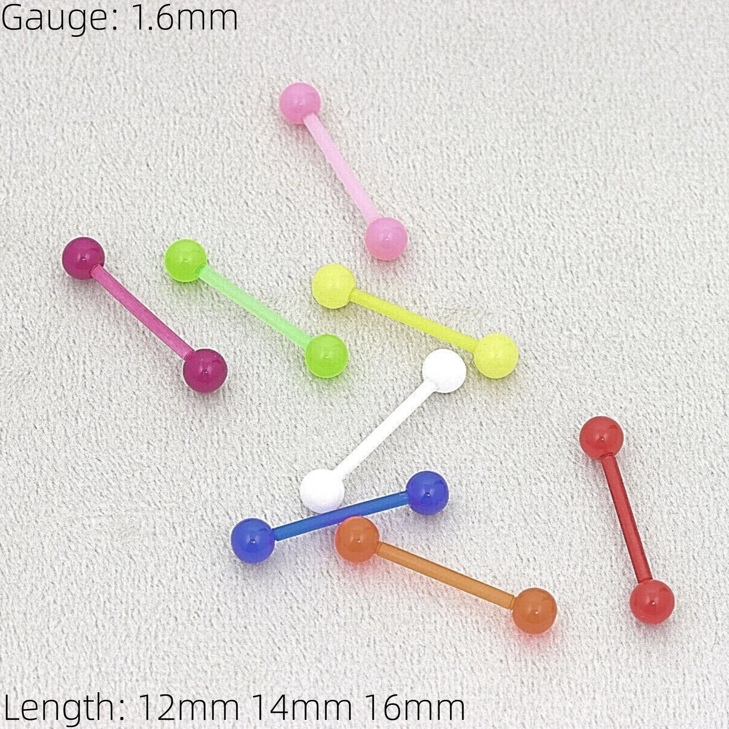 Neon BioFlex Tongue Bar Retainer Ear New Eyebrow Nipple Acrylic Barbel Piercing 1.6mm Gauge