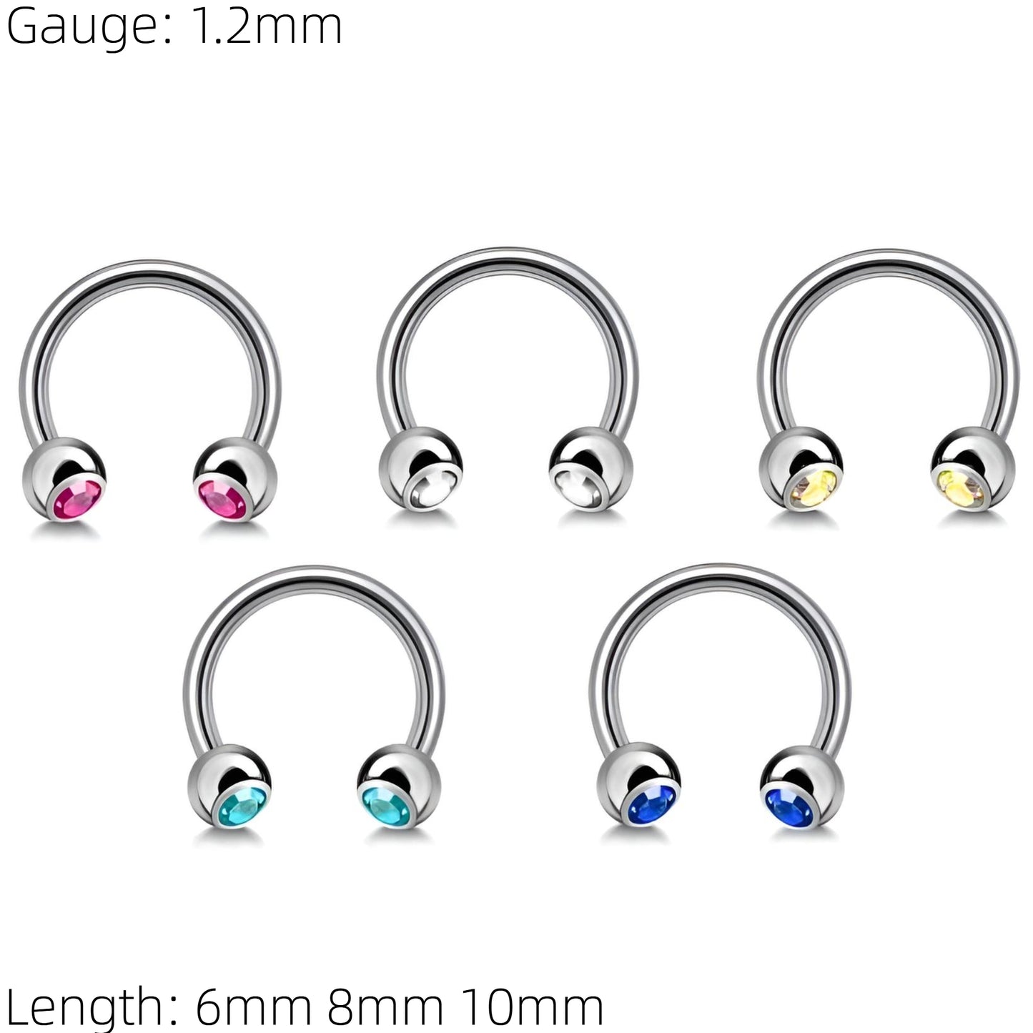 Silver Bezel Gem Horseshoe Piercing Barbell Circular Septum Helix Tragus Lip Ear Cartilage Nipple 1.2mm Gauge
