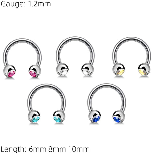 Silver Bezel Gem Horseshoe Piercing Barbell Circular Septum Helix Tragus Lip Ear Cartilage Nipple 1.2mm Gauge