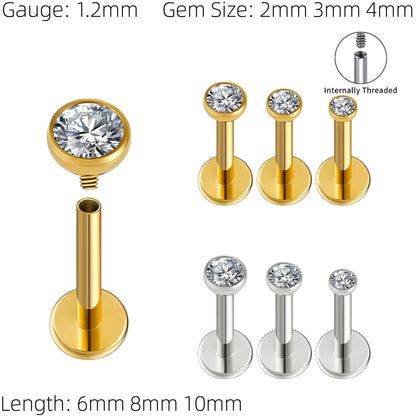 Bezel Round Gem Labret Monroe Bars Nose Ring Hoop Lip Tragus Stud Ear Piercing 1.2mm Gauge