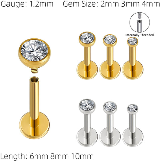 Bezel Round Gem Labret Monroe Bars Nose Ring Hoop Lip Tragus Stud Ear Piercing 1.2mm Gauge