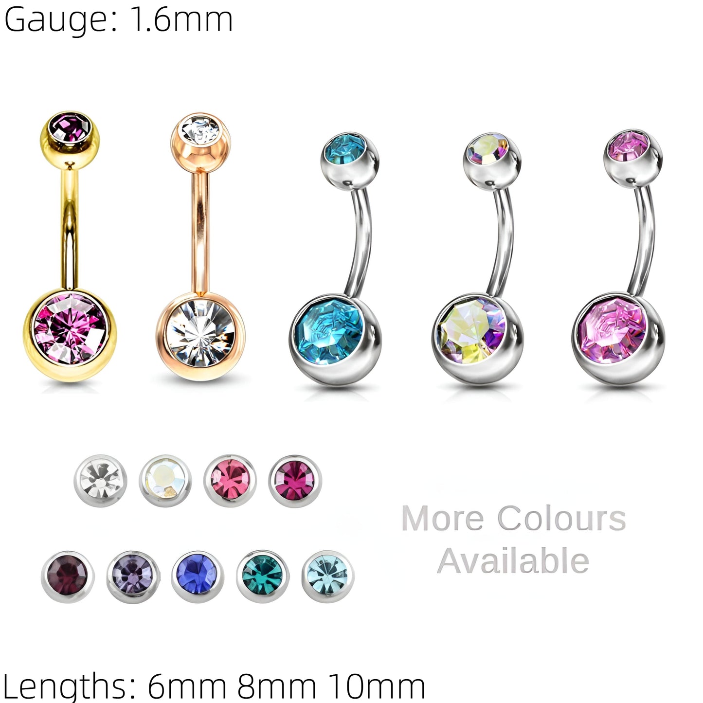Bezel Gem Belly Bar Navel Crystal Shamballa Gem Barbell Labret Lip Bars Tragus Piercing 1.6mm gauge