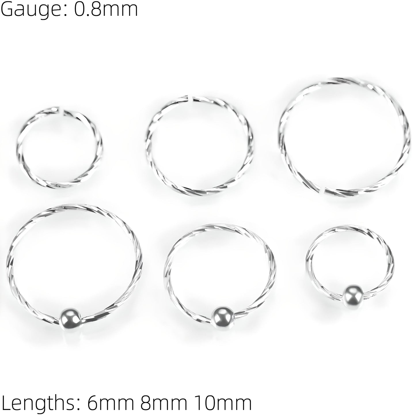 Twisted 925 Sterling Silver Diamon Cut Nose Ring Hoop Thin Tragus Helix Ear Lip Septum Piercing Nipple