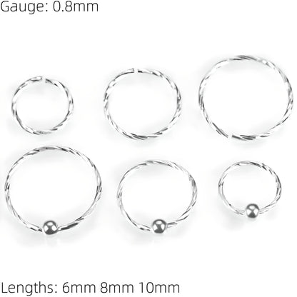 Twisted 925 Sterling Silver Diamon Cut Nose Ring Hoop Thin Tragus Helix Ear Lip Septum Piercing Nipple