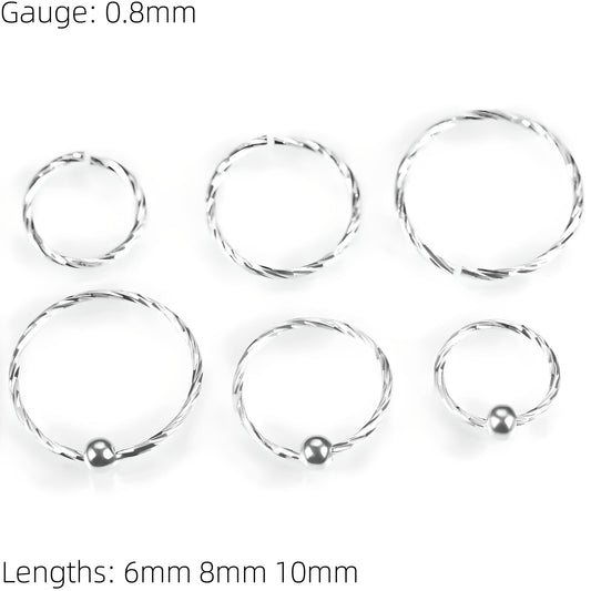 Twisted 925 Sterling Silver Diamon Cut Nose Ring Hoop Thin Tragus Helix Ear Lip Septum Piercing Nipple