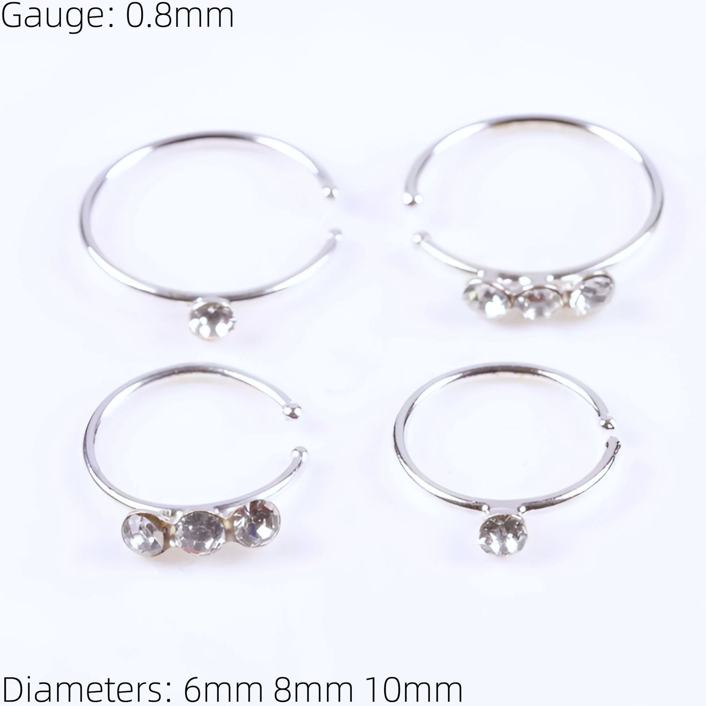 Sterling Silver Nose Ring Hoop Helix Tragus Cartilage Ear Lip Nipple Piercing CZ