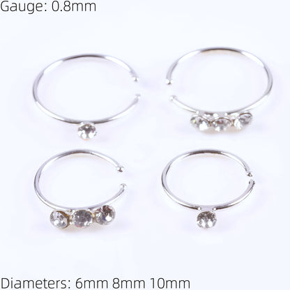 Sterling Silver Nose Ring Hoop Helix Tragus Cartilage Ear Lip Nipple Piercing CZ