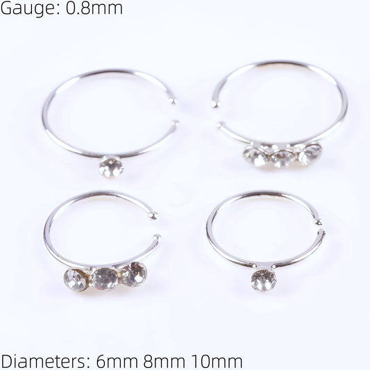 Sterling Silver Nose Ring Hoop Helix Tragus Cartilage Ear Lip Nipple Piercing CZ