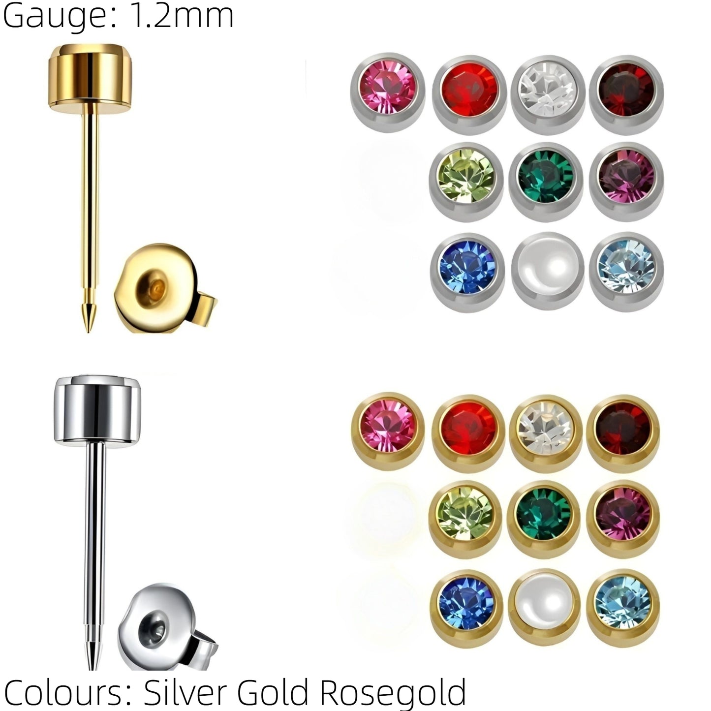 Gem Earrings Ear Studs Stud Piercings Surgical Steel Pair Silver Rose Gold UK