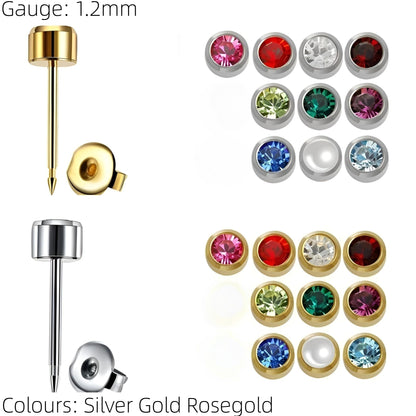 Gem Earrings Ear Studs Stud Piercings Surgical Steel Pair Silver Rose Gold UK