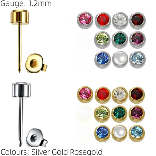 Gem Earrings Ear Studs Stud Piercings Surgical Steel Pair Silver Rose Gold UK