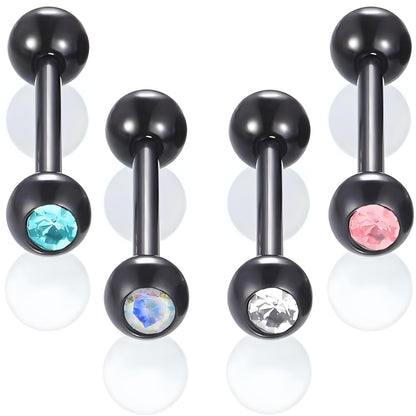 Bezel Gem Tongue Bars Bar Gem Surgical Steel Barbell Piercing Ear Eyebrow Nipple 1.6mm Gauge