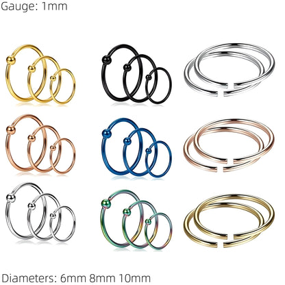 Nose Ring Hoop with Ball,  Surgical Steel Tragus, Helix & Cartilage Piercing 1mm Gauge