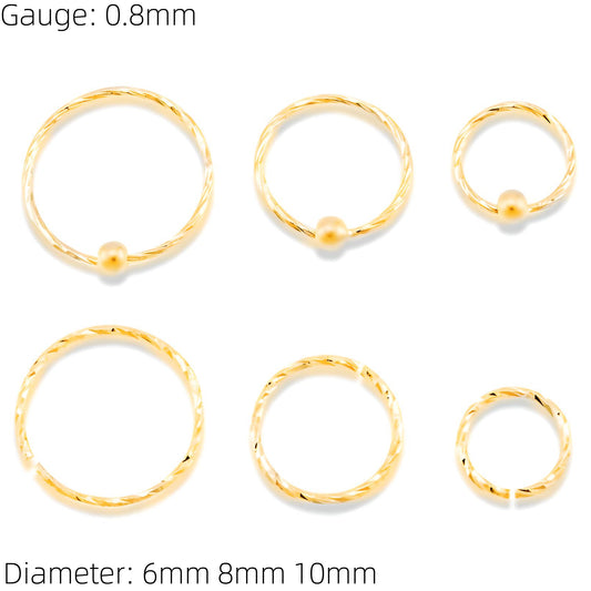 Twisted 18K Gold Plated 925 Sterling Silver Nose Ring Hoop Thin Tragus Helix Ear Lip Septum Piercing Nipple
