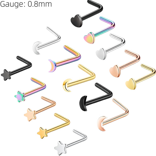 L Shape Heart Star Moon Nose Stud Surgical Steel Bone End Pin Crescent Piercing
