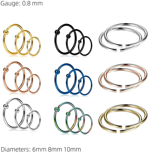 Nose Ring Hoop with Ball,  Surgical Steel Tragus, Helix & Cartilage Piercing 0.8mm Gauge