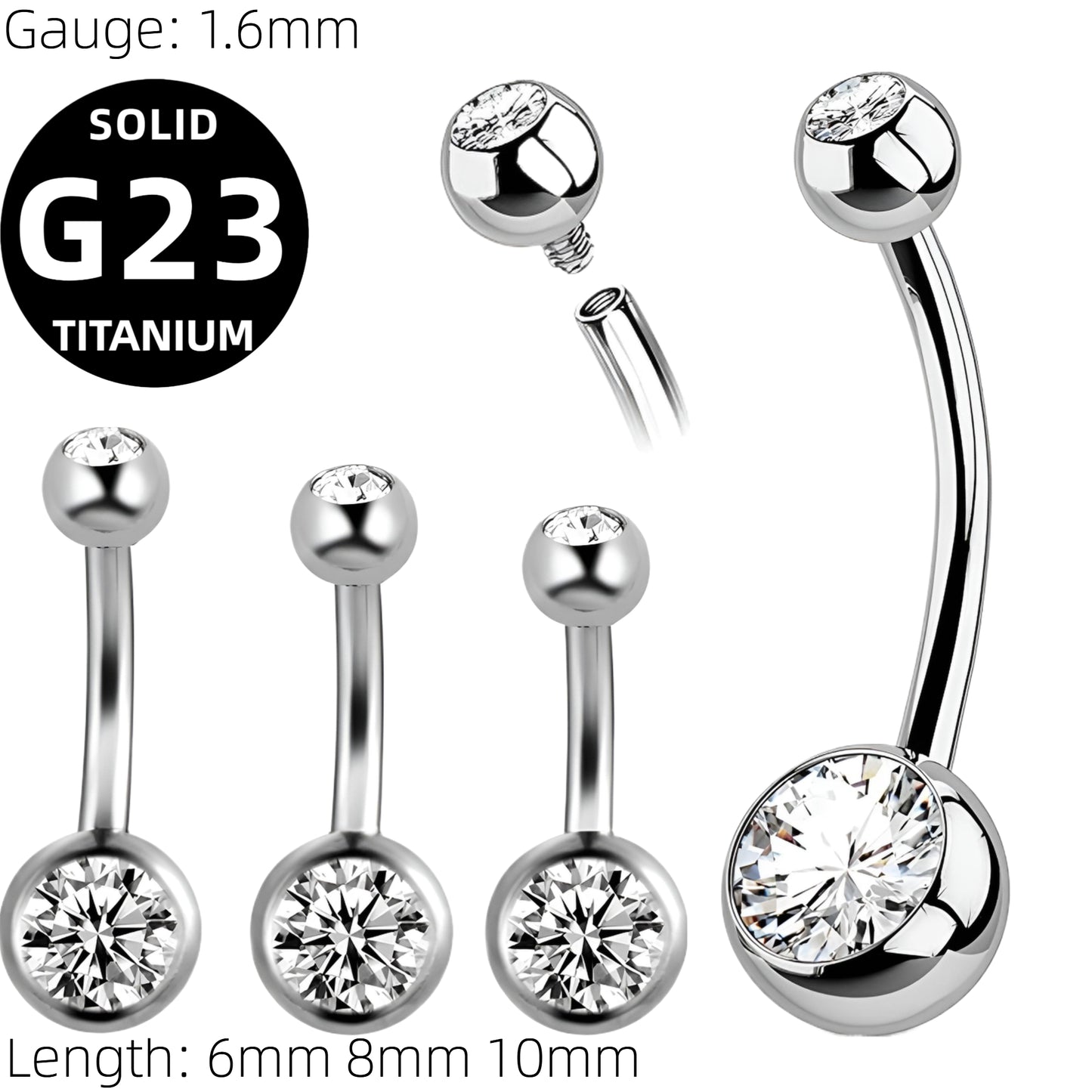 Titanium Belly Bar Navel Crystal Double Gem Barbell Labret Lip Bars Tragus Piercing 1.6mm
