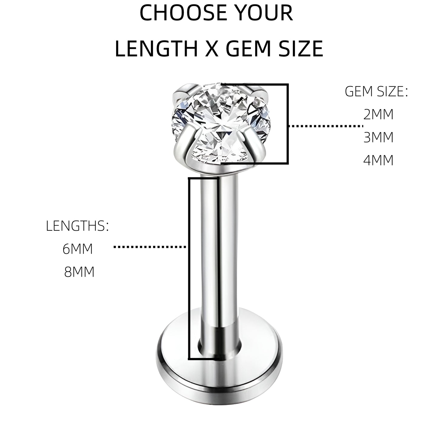 Clawset Gem Labret Monroe Bars Nose Ring Hoop Lip Tragus Stud Ear Piercing 1.2mm Gauge
