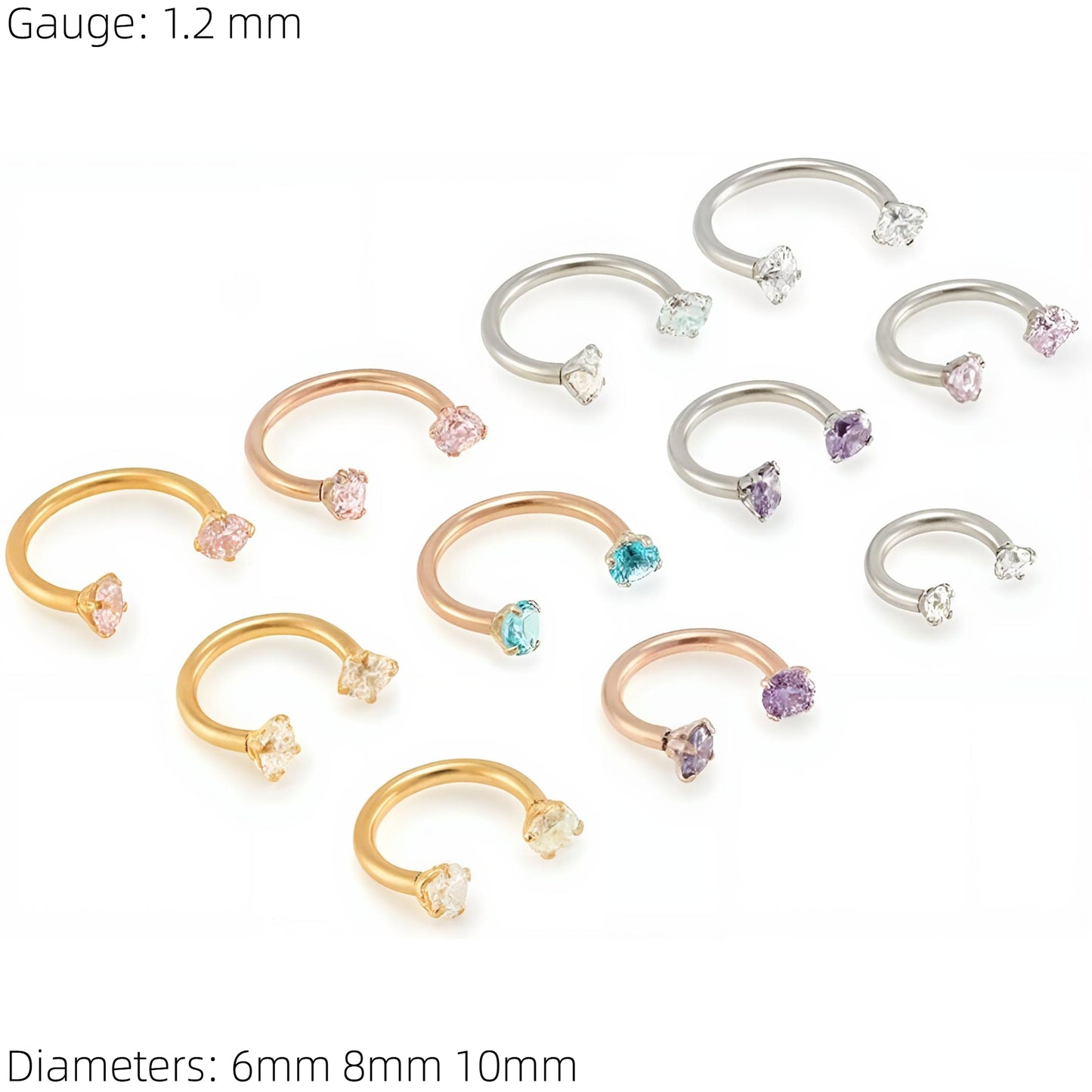 CZ Horseshoe Gem Piercing Surgical Steel Clawset Barbell Ring Septum Ear Nipple 1.2mm Gauge