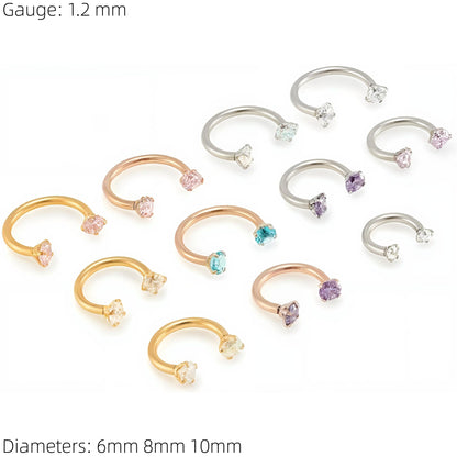 CZ Horseshoe Gem Piercing Surgical Steel Clawset Barbell Ring Septum Ear Nipple 1.2mm Gauge