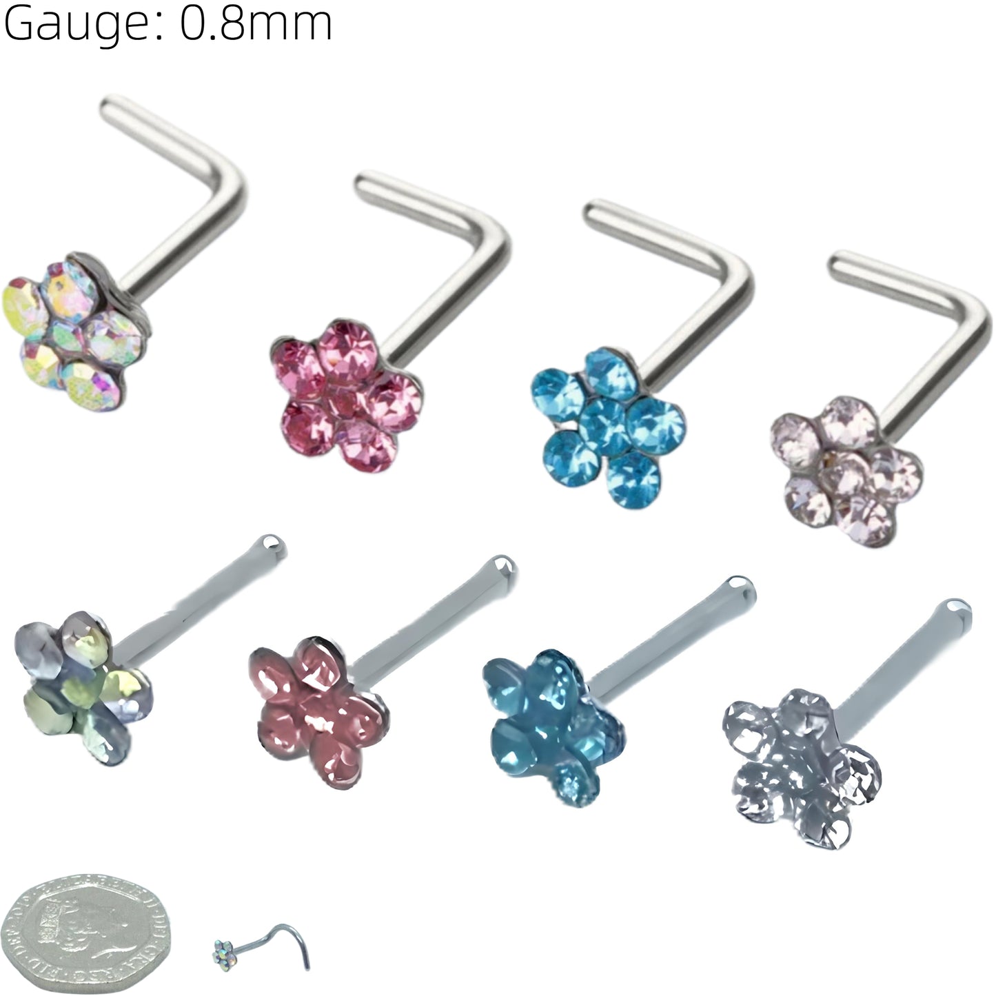 Flower Gem Straight Nose Stud Surgical Steel Ring Hoop Pin Piercing Bone End Screw Lshape