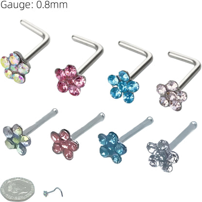 Flower Gem Straight Nose Stud Surgical Steel Ring Hoop Pin Piercing Bone End Screw Lshape