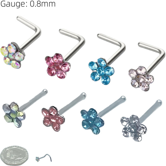 Flower Gem Straight Nose Stud Surgical Steel Ring Hoop Pin Piercing Bone End Screw Lshape