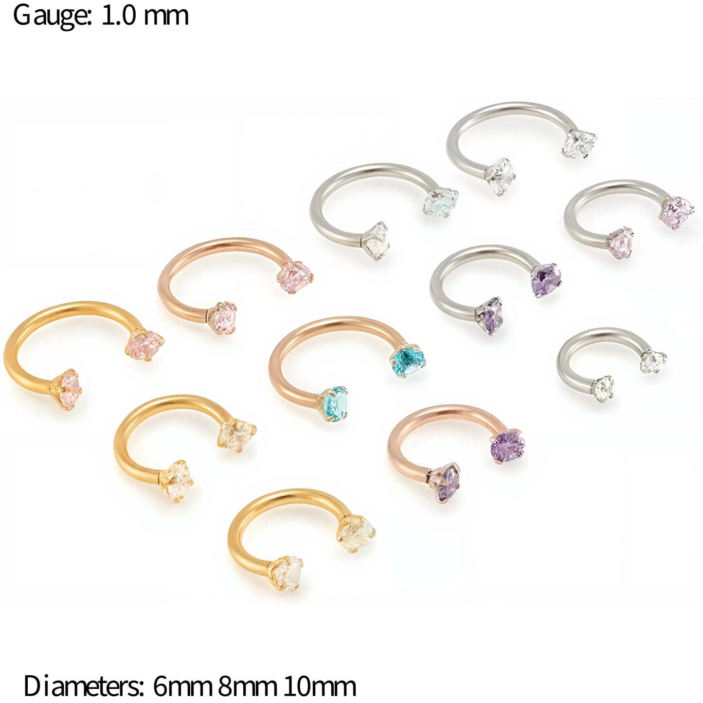 CZ Horseshoe Gem Piercing Surgical Steel Clawset Barbell Ring Septum Ear Nipple 1.0mm Gauge