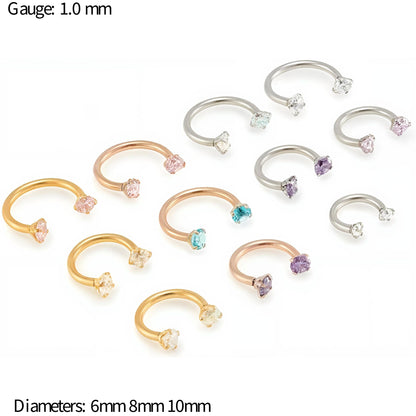 CZ Horseshoe Gem Piercing Surgical Steel Clawset Barbell Ring Septum Ear Nipple 1.0mm Gauge