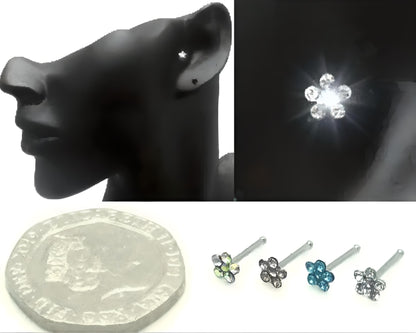 Flower Gem Straight Nose Stud Surgical Steel Ring Hoop Pin Piercing Bone End Screw Lshape