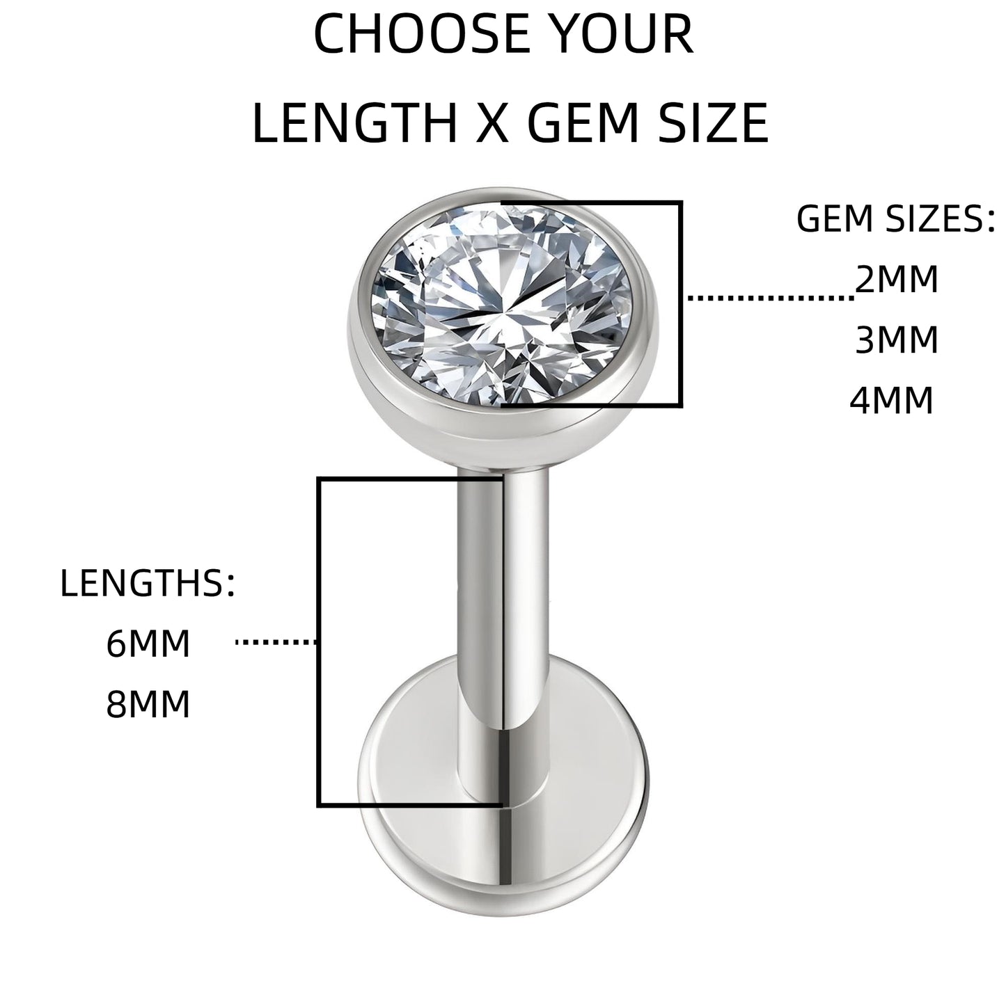 Bezel Round Gem Labret Monroe Bars Nose Ring Hoop Lip Tragus Stud Ear Piercing 1.2mm Gauge