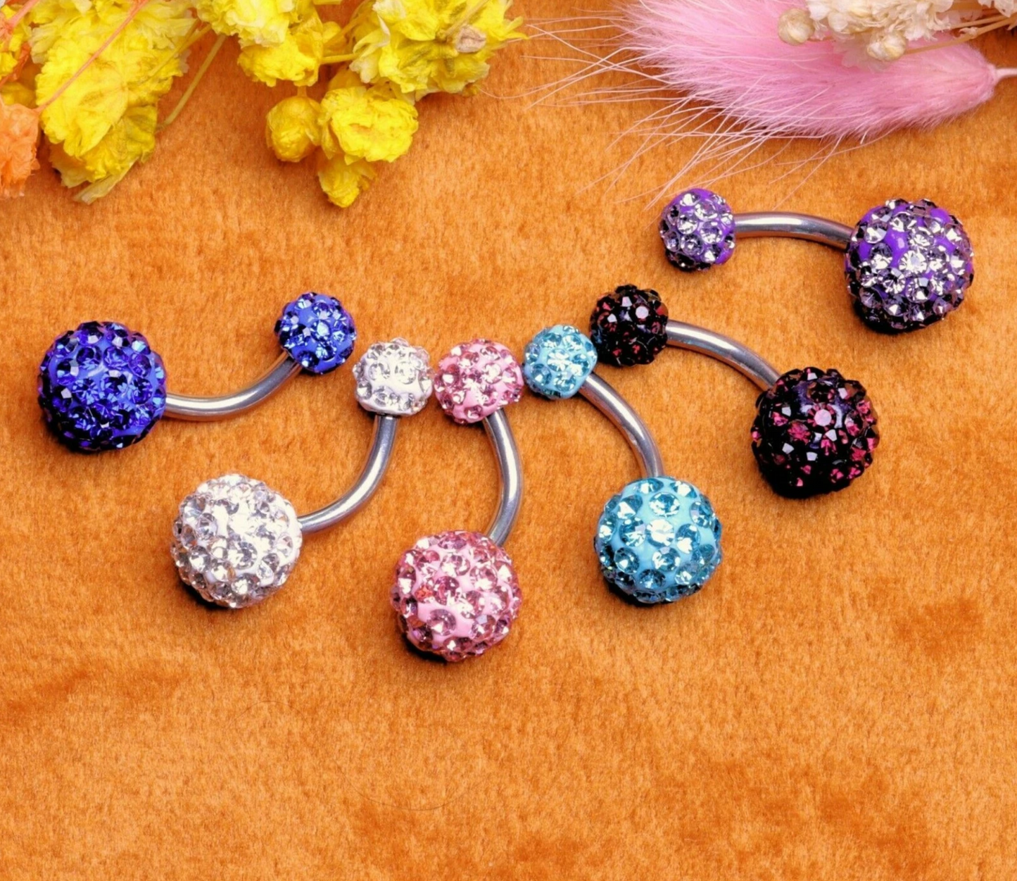 Shamballa Gem Belly Bar Navel Disco Crystal Barbell Labret Lip Bars Tragus Piercing 1.6mm gauge