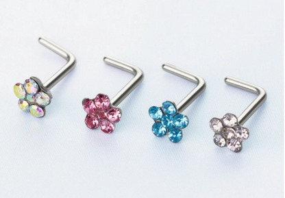 Flower Gem Straight Nose Stud Surgical Steel Ring Hoop Pin Piercing Bone End Screw Lshape