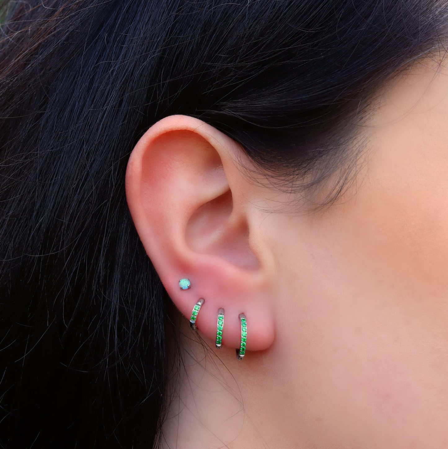 Green Gem Silver Huggie Earrings Crystal Womens Sleeper Hoop Stud Cuff Hoop Earrings