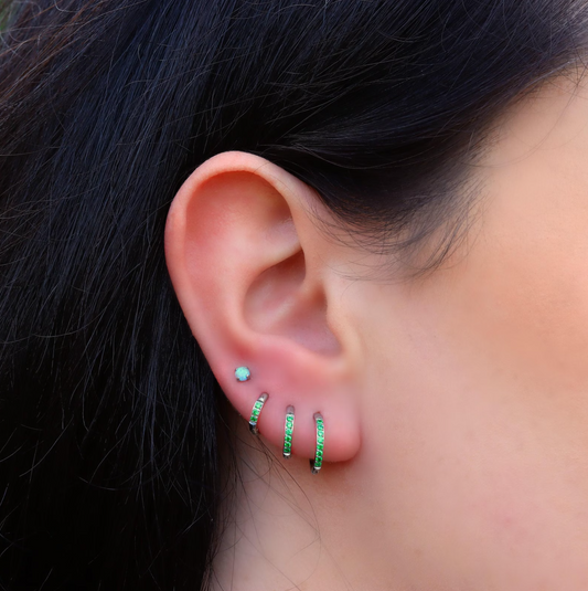 Green Gem Silver Huggie Earrings Crystal Womens Sleeper Hoop Stud Cuff Hoop Earrings