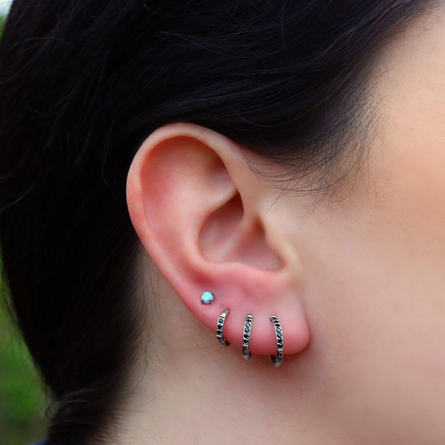 Black Gem Silver Huggie Earrings Crystal Womens Sleeper Hoop Stud Cuff Hoop Earrings