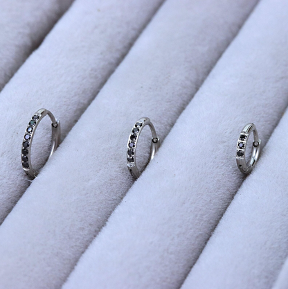 Black Gem Silver Huggie Earrings Crystal Womens Sleeper Hoop Stud Cuff Hoop Earrings