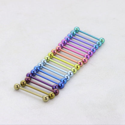 Colorful metallic barbell piercings on a white background suitable for tongue bars industrial bars eyebrow bars 