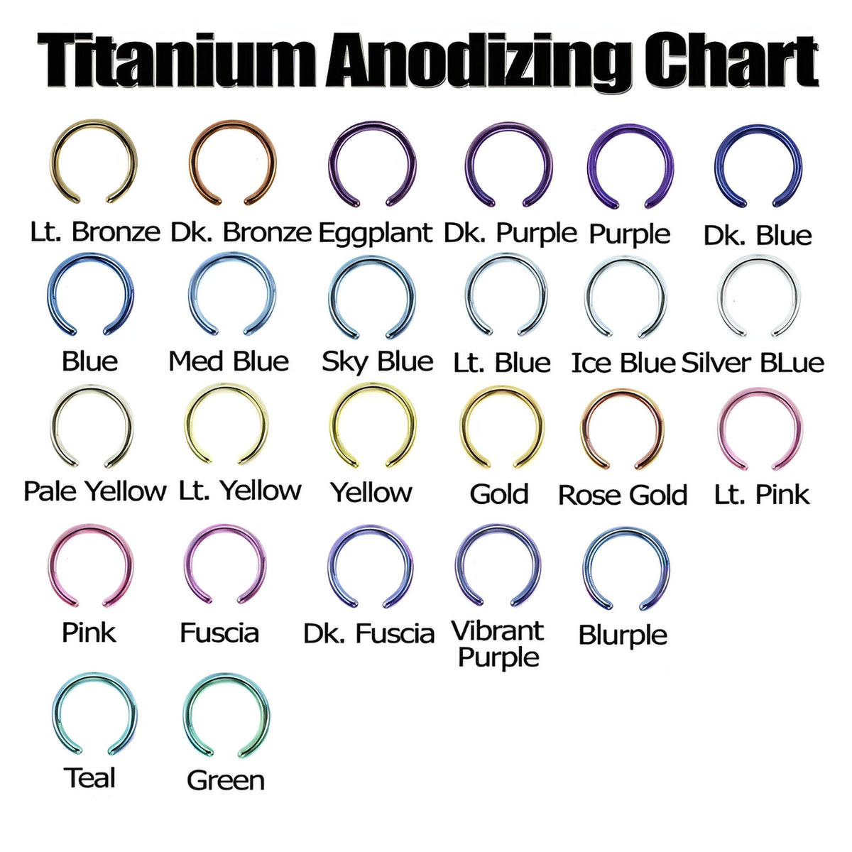 Titanium anodizing colour chart with various metallic finishes on a white background including gold, silver, blue, green, and pink